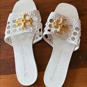 Tory Burch White and Gold Slide Sandals